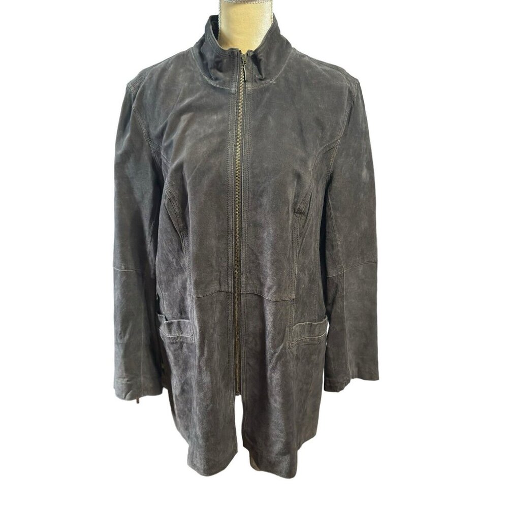 Coldwater Creek Women’s Jacket Coat Large Gray suede leather collarless spockets